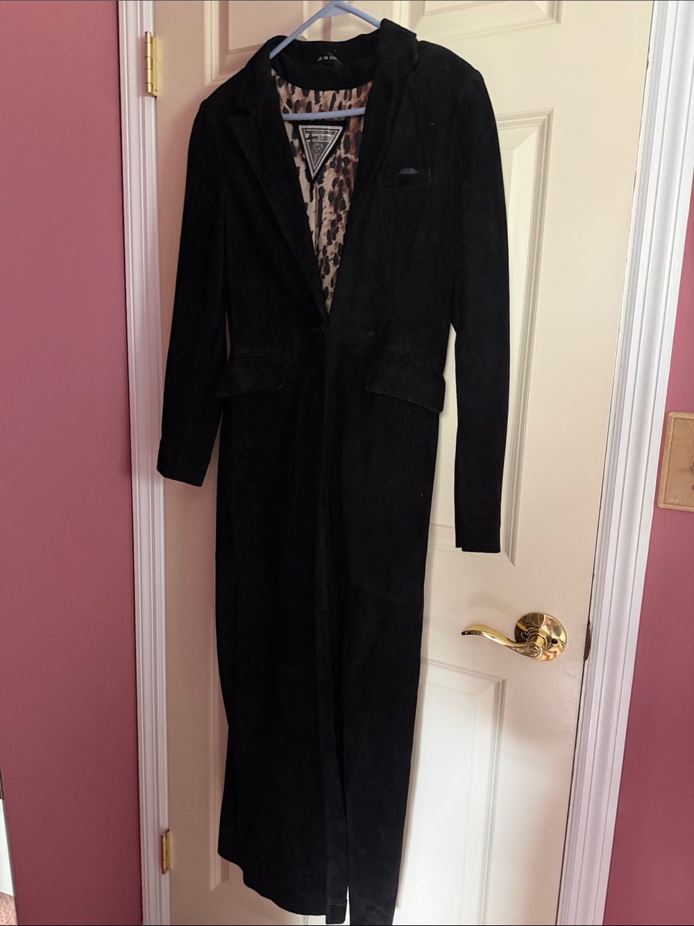 Long Black suede Trench Coat with Leopard-Print Lining